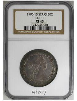 1796 50C O-101 15 Stars Draped Bust Half Dollar NGC XF45 Silver Coin