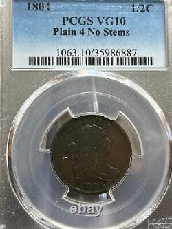 1804 Draped Bust Half Cent Plain 4 No Stems PCGS VG 10