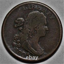 1806 Draped Bust Half Cent Small 6/Stemless US 1/2c Copper Penny Coin L34